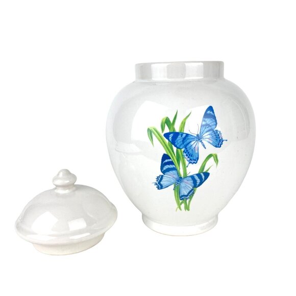Vtg FTD Ginger Jar Urn Vase w/ Lid Blue Butterfly Cottagecore Storage Trinket - Picture 2 of 8